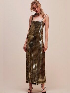 Free People Metallic Gold Sequin Maxi Slip Dress